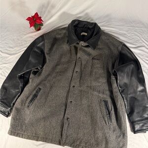 RBK Reebok Wool Varsity Jacket Coat Leather Arms Button up Gray Black Mens 2XL